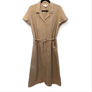 Tan Linen Midi Short Sleeve Women's Dress, Sz Petite XL